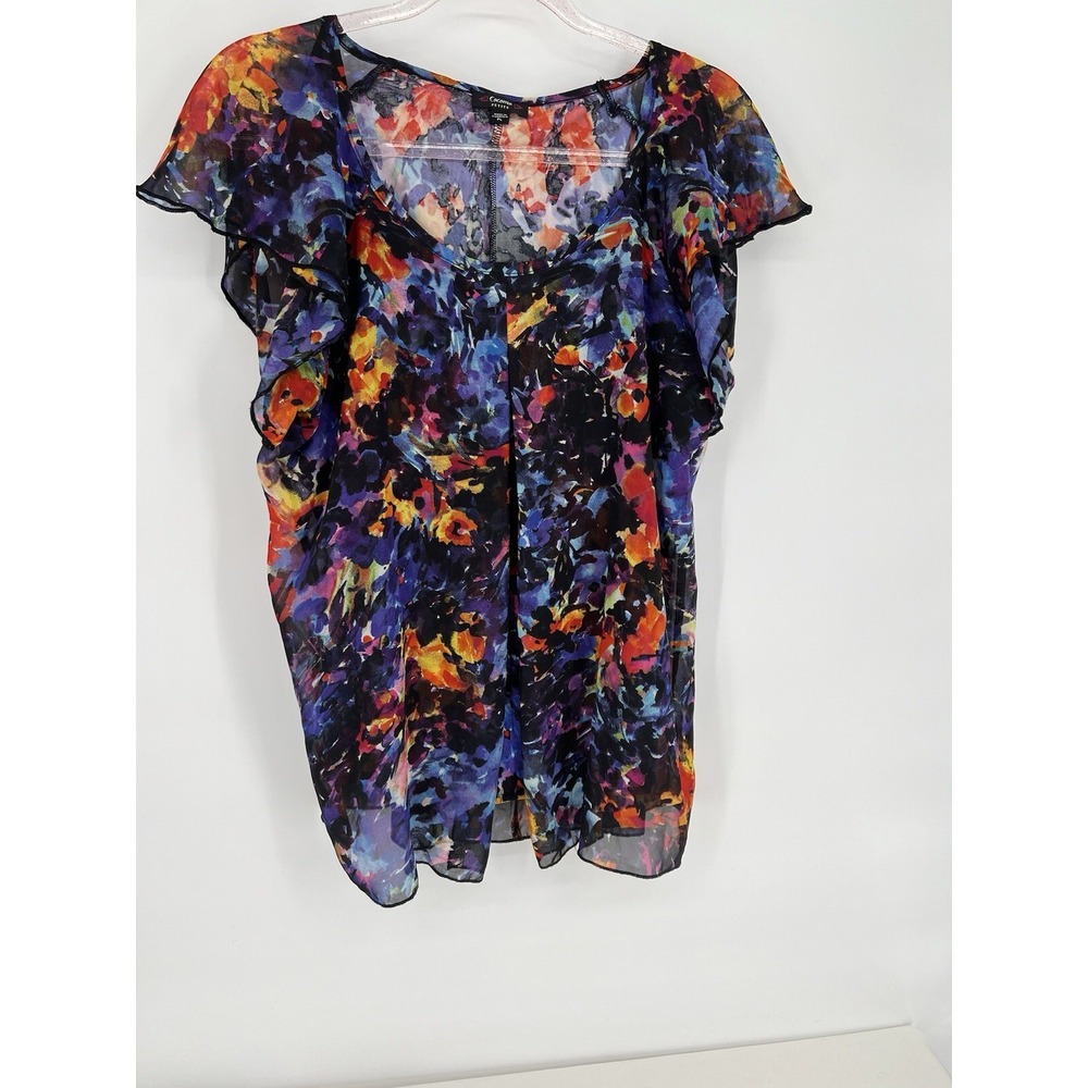 Cocomo Blue Purple Womens Petite Sz PL Floral Lined Short Sleeve Flowy Blouse
